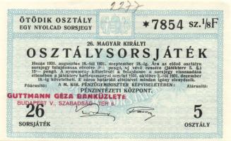 1931. "26. Magyar Királyi Osztálysorsjáték" ötödik osztály egy nyolcad sorsjegye T:I