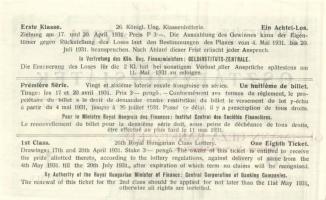 1931. "26. Magyar Királyi Osztálysorsjáték" első osztály egy nyolcad sorsjegye T:I
