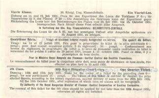 1931. "26. Magyar Királyi Osztálysorsjáték" negyedik osztály egy negyed "C" és &...