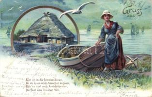 1899 Bavarian folklore, boat litho, 1899 Bajor folklór, csónak litho