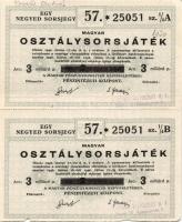 1946. "57. Magyar Osztálysorsjáték" egy negyed "A" és "B" sorsjegye párban , 2 milliárd pengőről átárazva 3 milliárd pengőre T:II- kis szakadás alul