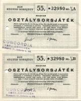1946. "55. Magyar Osztálysorsjáték" egy negyed "A" és "B" sorsjegye párban, lyukasztással érvénytelenítve T:I