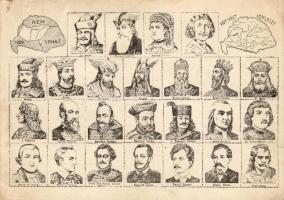 Híres magyar történelmi személyiségeket ábrázoló irredenta képeslap (apró saroktörés)