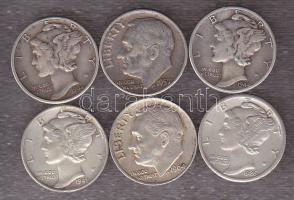 USA 1926-1964. 10c Ag (6x) ebből 5klf évszámmal T:2,3