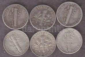 USA 1926-1964. 10c Ag (6x) ebből 5klf évszámmal T:2,3