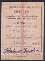 1955 MÁV igazolvány 6 szabadjeggyel / Railroad ID
