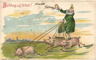 New Year, clown pig ride litho