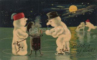 New Year snowmen on ice litho