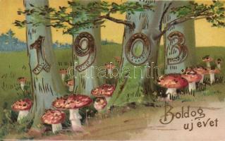 New Year 1903, mushrooms Emb. litho