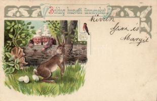 Dwarfs, rabbit eggs, Easter greeting litho