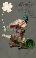 Dwarf, drinking, New Year greeting Emb. litho