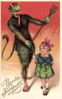 Krampus, crying girl litho