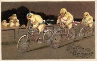 Easter chicken, bicycle Emb. litho (Rb)