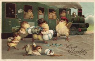 Easter, chicken train litho