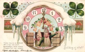 New Year, dwarfs, clock litho (cut)