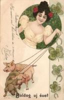 New Year, art nouveau, pigs litho
