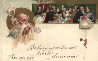 1899 New Year, bubbles, feast litho