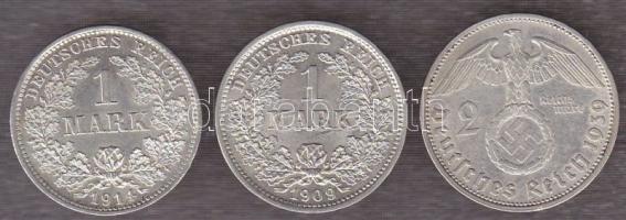 Német Birodalom/Császárság 1909D 1M Ag + 1914D 1M Ag + 1939. 2M Ag "Hindenburg" T:2+,2