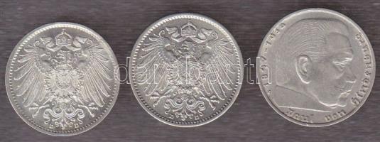 Német Birodalom/Császárság 1909D 1M Ag + 1914D 1M Ag + 1939. 2M Ag "Hindenburg" T:2+,2