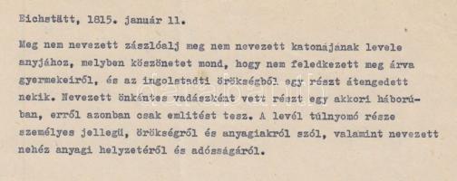 1815 Eichstatt-beli, a Napóleoni háborúkban önkéntes vadászként részt vett katona levele / Letter of...