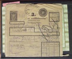 Érdekes bélyegzés kivágások, ragjegyek az egész világból közepes berakóban + Illetékjegyes vasúti szállítóvevény Kolozsvár 1944