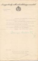 1943 Színyei Merse Jenő vallási és közoktatásügyi miniszter, a képviselőház alelnökének aláírása levélen