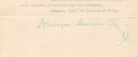 1943 Színyei Merse Jenő vallási és közoktatásügyi miniszter, a képviselőház alelnökének aláírása lev...