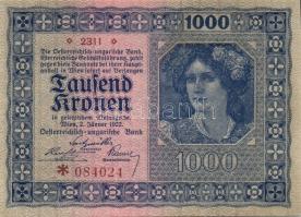 Ausztria/Osztrák-Magyar Bank 1922. 1000K "2311"-es sorozatszám (4x) egymás utáni sorszámma...