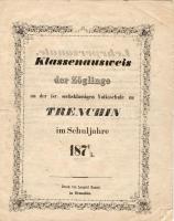 Iskolai kimutatás a trencséni izr. népiskola növendékeiről az 1874/75-ös tanévben német nyelven; Leopold Gansel nyomdája / Klassenausweis der Zöglinge an der isr. Volkschule zu Trenchin im Schuljahre 1874/75 auf deutsch