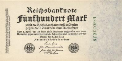 Német Birodalom/Weimari Köztársaság 1922. 500M zöld 7 számjegyű sorszámmal T:I