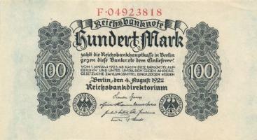 Német Birodalom / Weimari Köztársaság 1922. 100M (3x) egymás utáni sorszámmal T:I-