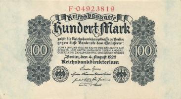 Német Birodalom / Weimari Köztársaság 1922. 100M (3x) egymás utáni sorszámmal T:I-