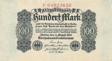 Német Birodalom / Weimari Köztársaság 1922. 100M (3x) egymás utáni sorszámmal T:I-