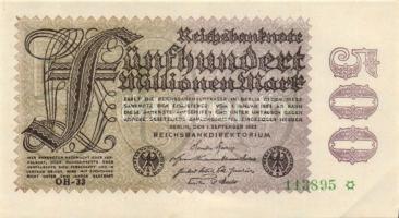 Német Birodalom / Weimari Köztársaság 1923. 500.000.000M (3x) vízjel: "csillagban S betű" kettő egymás utáni sorszámú egyugrású a harmadik T:I