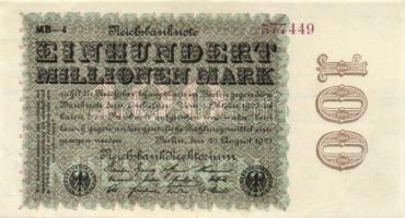 Német Birodalom / Weimari Köztársaság 1923. 100.000.000M (3x) vízjel: kettő "D/G csillagokban" + "tölgyfa levelek szürke szél" T:I