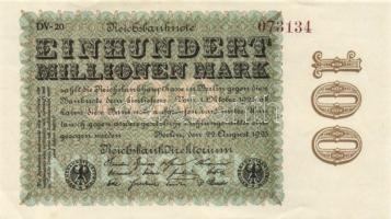 Német Birodalom / Weimari Köztársaság 1923. 100.000.000M (3x) vízjel: kettő "D/G csillagokban&q...