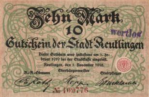 Német Birodalom/Weimari Köztársaság/Reutlingen 1918.11.1. 10M (5x) egymásutáni sorszámmal, hivatalos érvénytelenítéssel T:I