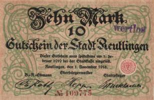 Német Birodalom/Weimari Köztársaság/Reutlingen 1918.11.1. 10M (5x) egymásutáni sorszámmal, hivatalos...