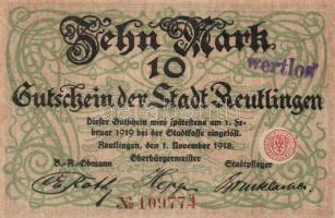 Német Birodalom/Weimari Köztársaság/Reutlingen 1918.11.1. 10M (5x) egymásutáni sorszámmal, hivatalos...