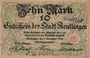 Német Birodalom/Weimari Köztársaság/Reutlingen 1918.11.1. 10M (5x) egymásutáni sorszámmal, hivatalos...