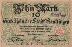 Német Birodalom/Weimari Köztársaság/Reutlingen 1918.11.1. 10M (5x) egymásutáni sorszámmal, hivatalos...