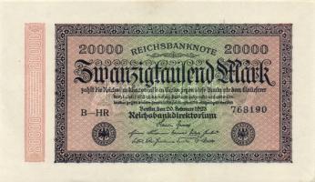 Német Birodalom / Weimari Köztársaság 1923. 20.000M (2x) egymás utáni sorszámmal, vízjel:hullámos vonalak T:I