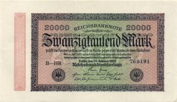 Német Birodalom / Weimari Köztársaság 1923. 20.000M (2x) egymás utáni sorszámmal, vízjel:hullámos vo...