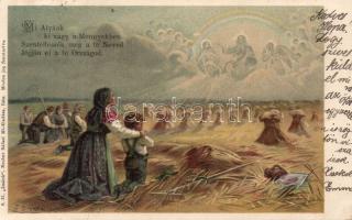 1901 ´Mi Atyánk ki vagy a Mennyekben...´ 6 darabos litho sorozat a Szent imádság teljes szövegével, szép állapotú, futott litho lapokon, Döcker szignóval