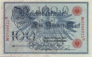 Német Birodalom / Császárság 1908. 100M (3x) piros pecséttel, egymás utáni sorszámokkal T:I-