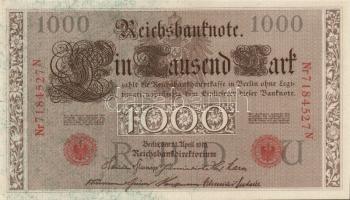Német Birodalom/Császárság 1910. 1000M piros sorszámmal kétféle papíron (6x), zöld sorszámmal (1x) T...