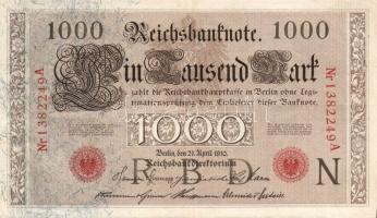 Német Birodalom/Császárság 1910. 1000M piros sorszámmal kétféle papíron (6x), zöld sorszámmal (1x) T...