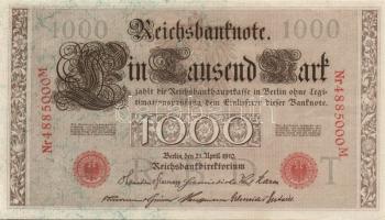 Német Birodalom/Császárság 1910. 1000M piros sorszámmal kétféle papíron (6x), zöld sorszámmal (1x) T...