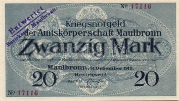 Német Birodalom/Weimari Köztársaság/Maulbronn 1918.12.31. 20M hivatalos érvénytelenítéssel T:I