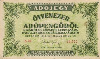 1946. 10.000AP + 50.000Ap (2x) sorszám nélkül és sorszámozva + 100.000AP (2x) sorszám nélkül és sors...